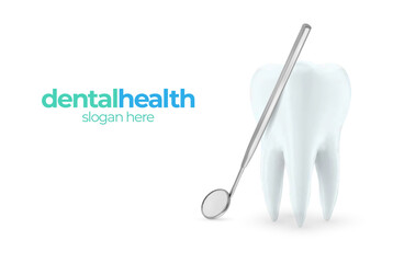 Realistic tooth with dental Inspection mirror for teeth isolated on a white background. Dental health concept with 3d tooth and dental Inspection mirror