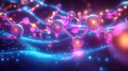 Glowing purple and pink molecular structures connected by rods over a blue digital wave background, evoking futuristic scientific exploration and technology