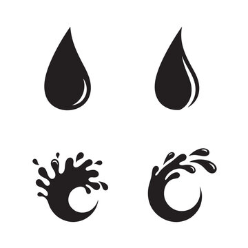 Black and white vector icons depicting water droplets and water splashes in a simple silhouette style