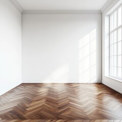 Empty room with herringbone wooden floor and large window