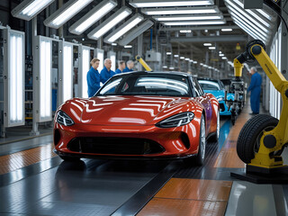 Obraz premium Industrial production of car automobiles. Plant for assembling modern cars on an assembly line. Industry, production, industry concept.