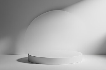Minimalist scene white circular pedestal before semicircle wall, soft light