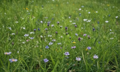 Obraz premium Close-up of June wildflowers amidst lush green grass, grass, vibrant