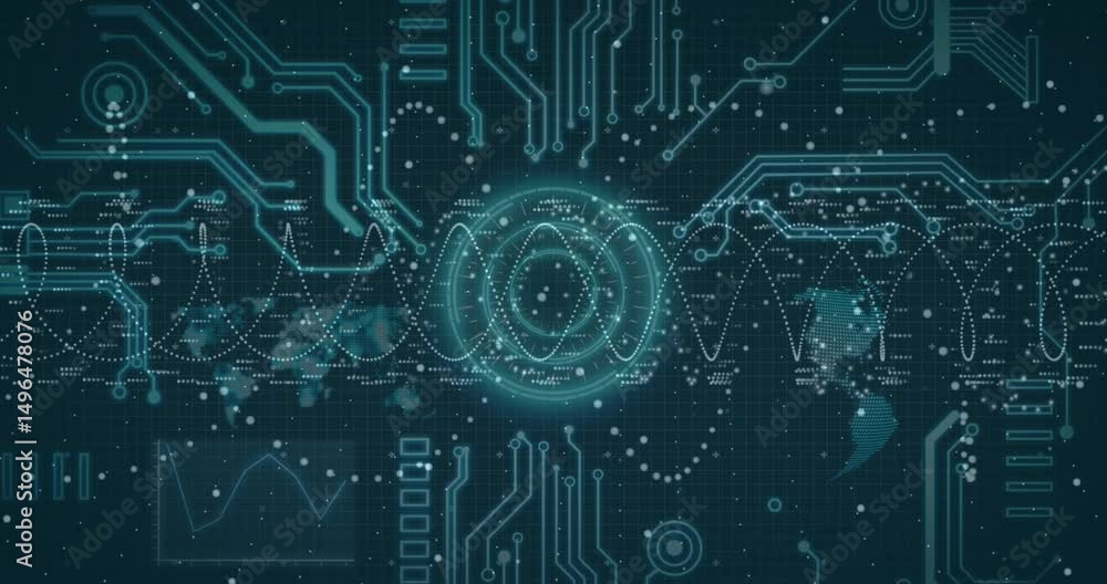 Poster glow rippling dotted line fading circuit rotating orb drifting particles showing data flow