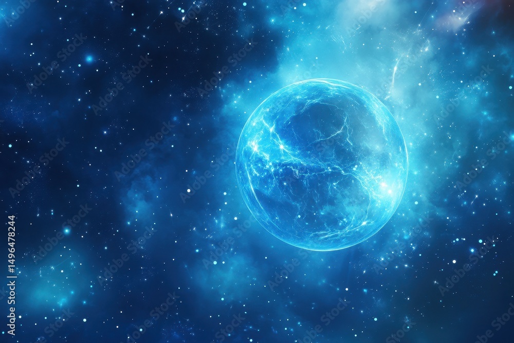 Poster mystic globe surrounded by swirling star patterns in a vivid cosmic background, background globe wit