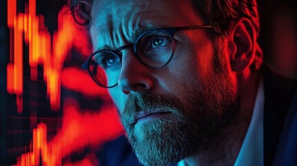 Focused middle-aged man with glasses intensely analyzing fluctuating financial data on a red digital screen in a dark environment