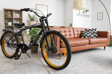 Interior of living room with modern bicycle, sofa and lamp