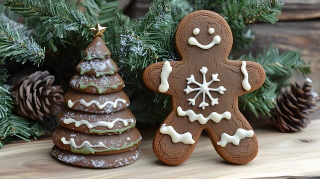 Festive gingerbread cookies and christmas tree decoration.