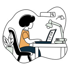 Student online learning at desk. Focused individual at a laptop, books nearby. Perfect for e learning, remote work, or study concepts. The atmosphere is diligent and calm