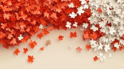 A beige background displays a dense collection of red and off-white maple leaves, some cascading downwards