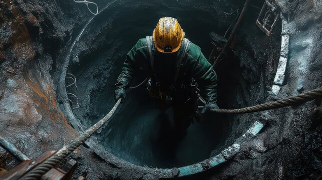 Fototapeta Miner wearing protective gear and helmet descending into a dark mining shaft using thick ropes surrounded by rocky tunnel walls