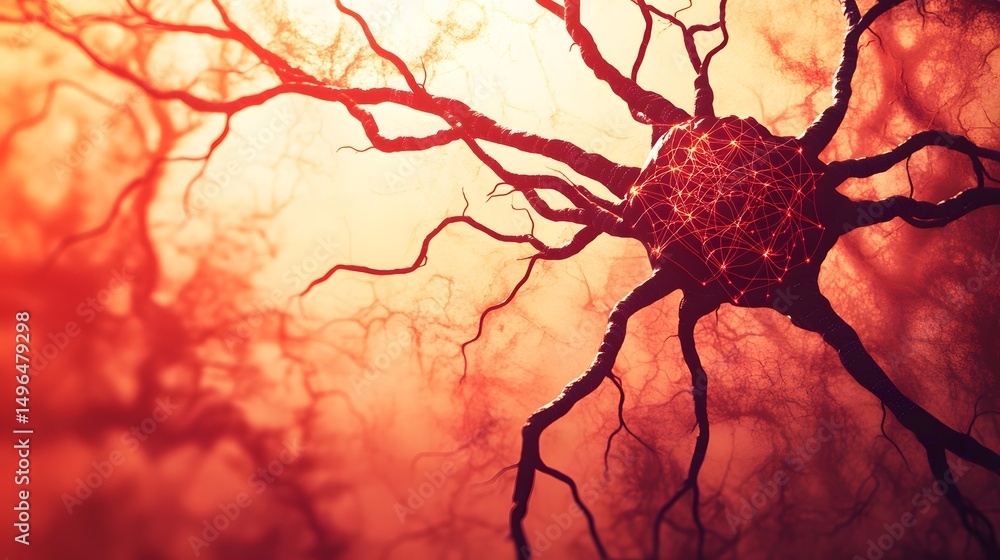 Poster intricate neural network with glowing center.