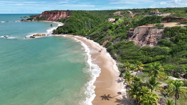 Tabatinga Beach In Conde Paraiba Brazil. Breathtaking Aerial View Of A Lush Tropical Coastline Scenery. Coast Clouds Sky Seaside Summertime. Outdoor Seaside Tropical Environment. Conde Paraiba.