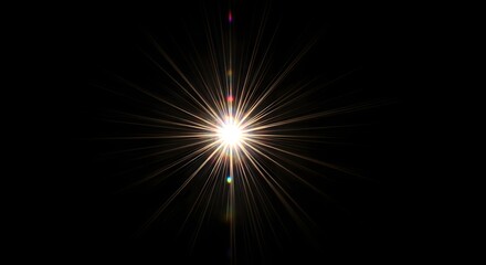 Bright Sunburst Effect Shining Light, Optical Flare, Starry Spark, Golden Rays on Black Background.
