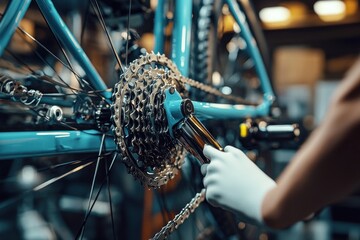 Close-up of hands using a tool to repair or adjust the gears on a blue bicycle in a workshop