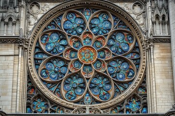 Ornate circular stained glass window with intricate floral and geometric patterns set in an elaborate stone gothic architectural frame