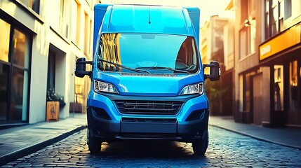 Blue van delivery city street.