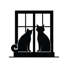 Two Cats on Windowsill Black Silhouette