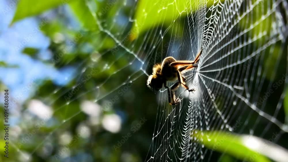 Poster a close-up perspective of a spider weaving a web in a lush green forest environment, illuminated by 