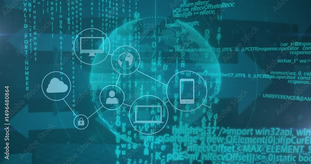 Aufkleber cloud icon appearing activating icons connecting around holographic globe, showing secure network