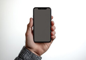 hand holding a smartphone with a blank screen against a white background, showcasing modern technology with a neutral and clean setting