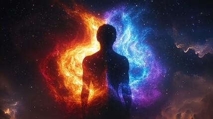 Obraz premium Silhouette of a human figure surrounded by swirling fiery orange and cool blue cosmic energy against a starry space background, symbolizing balance and duality