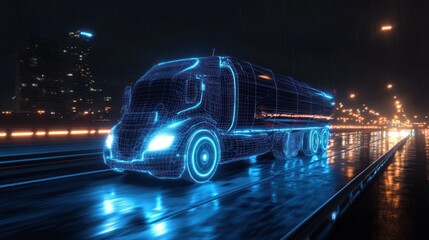 futuristic neon blue wireframe semi truck driving on wet city highway at night with glowing lights and blurred urban background
