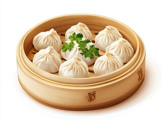 Vector dumplings in bamboo steamer on white background  