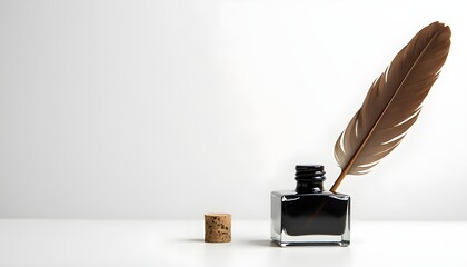 A feather quill and a bottle of ink with a cork stopper on a plain white background