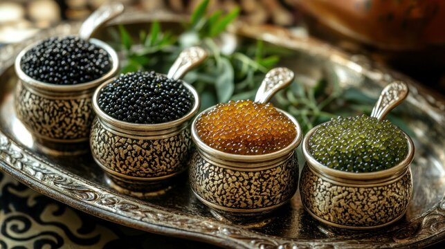 Exquisite caviar varieties in small ornate bowls
