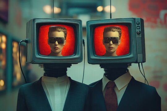 Two figures with retro television sets as heads displaying identical human faces with dark glasses against vibrant red backgrounds, dressed in formal suits, in a surreal urban setting