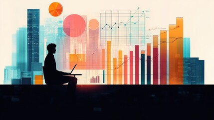 Silhouette of a person sitting with a laptop against a cityscape background overlaid with colorful ascending bar charts, line graphs, and pie charts suggesting analysis and growth