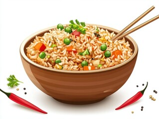 Vector fried rice in a bowl with vegetables on white background - 