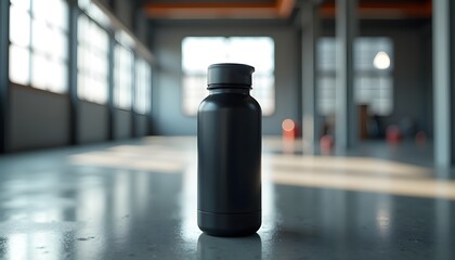 A black water bottle sitting on a reflective surface in an indoor setting