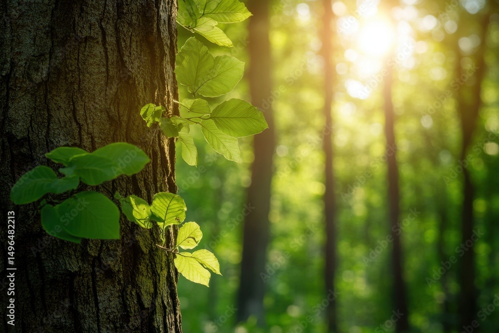 Poster sunlight filtering through leaves on a tree trunk in a vibrant forest during a peaceful afternoon, c
