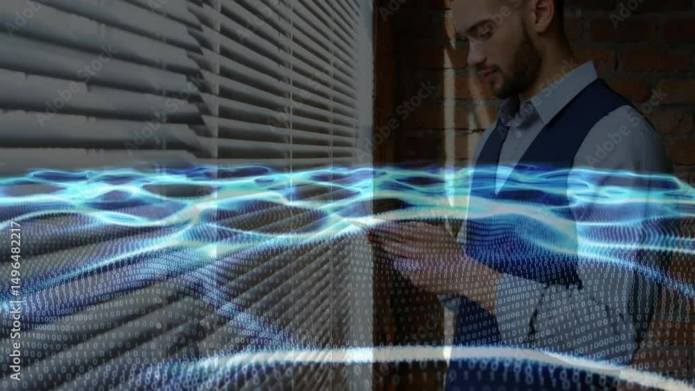 Poster man tapping smartphone controlling animated blue waveform across blinds while visualizing tech data
