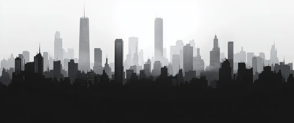 Fototapeta premium Monochrome silhouette of a dense city skyline with various high-rise buildings fading into a misty background, creating a calm and mysterious atmosphere