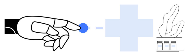Obraz premium Robotic hand interacts with blue dot near a medical cross, plants, and medicine jars. Ideal for health tech, innovation, robotics, biotechnology, medical research, digital transformation simple