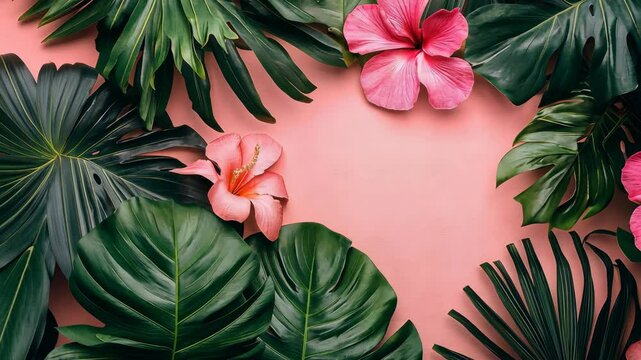 Pink background framed by lush tropical leaves and hibiscus flowers, creating a vibrant, summery aesthetic
