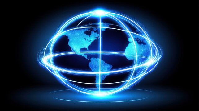 Glowing blue orb depicting Earth encased in luminous gridlines and rings against a dark backdrop