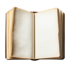Open antique book with blank pages isolated on transparent background