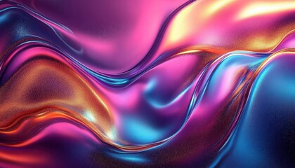 Smooth abstract waves with vibrant metallic textures blending pink, purple, blue, orange, and gold hues creating fluid, shiny, and dynamic visual effect
