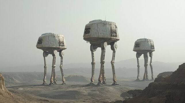 Three Giant Robots Walking in a Desert Landscape with Fog Effect