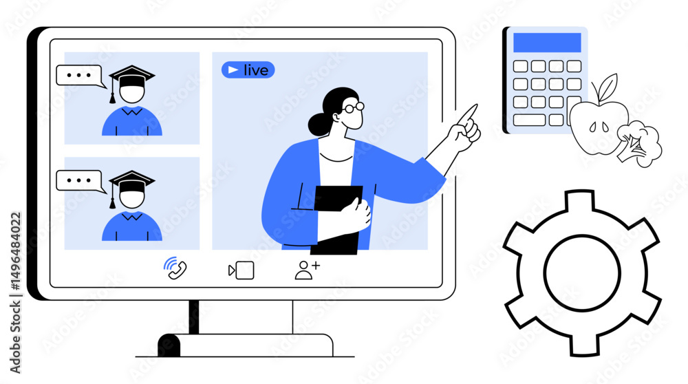 Poster online teaching setup with teacher explaining concepts, students participating remotely. ideal for e