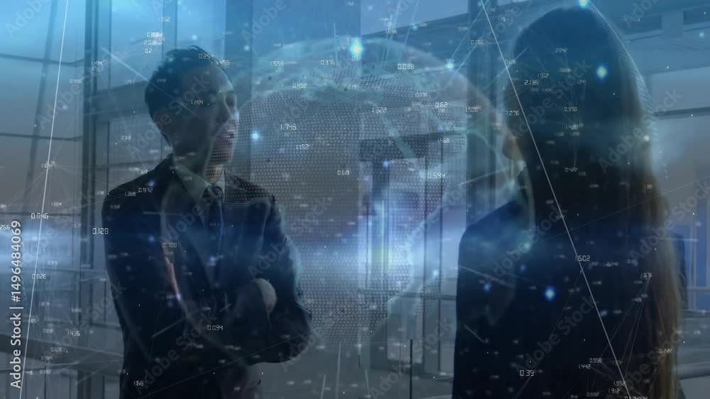 Poster businessman entering lobby showing network globe as assistant presenting tablet causing globe fade