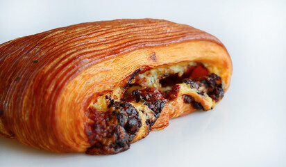 Fresh baked Pain Suisse chocolate, traditional French pastry or swiss bread made of croissant dough, sweet bakery pastry