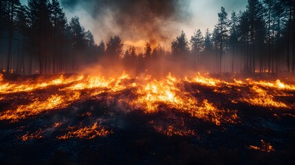 Fototapeta premium Intense wildfire engulfing a forest floor, flames leaping high amidst smoke-filled, silhouetted trees under a dramatic sky
