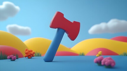 A cartoonish red and blue axe stands in a whimsical, colorful landscape of stylized hills, clouds, and small plants