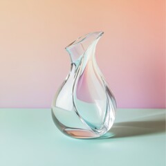 Elegant, clear glass vase with a flowing, sculpted design, resting on a pastel surface against a gradient background