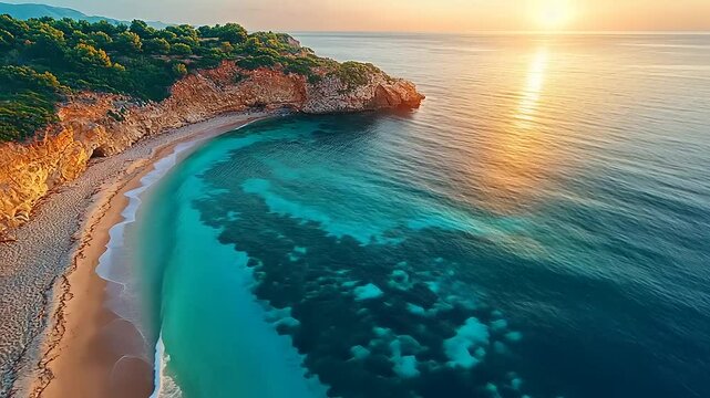 Aerial view of the idyllic Cala Sa Nau beach in Mallorca during golden sunset hours